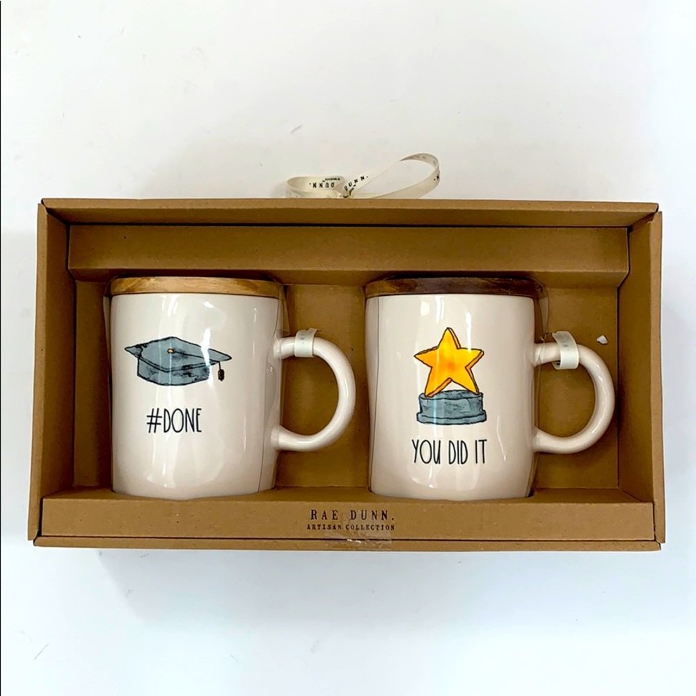 Rae Dunn Graduation Mugs with Wooden Lids Set of Two NWT in Original Packaging